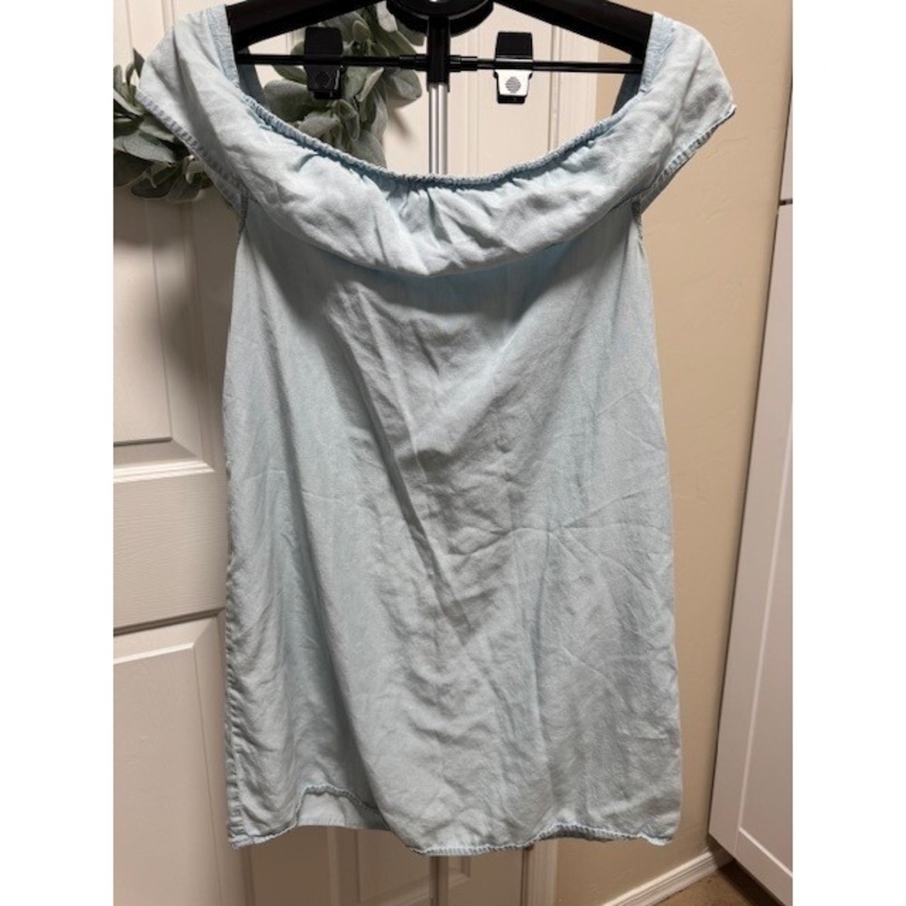 Love, Fire sleeveless off the shoulder light denim look tunic
